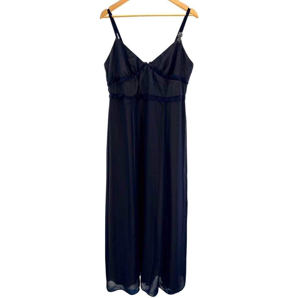 Vera Wang Maids Navy Blue Chiffon Maxi Dress Rhinestone Brooch Plus Size 18‎